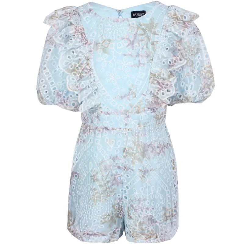 Bardot Puff sleeve ruffle special occasion lace jumpsuit in light blue with leaves print 1