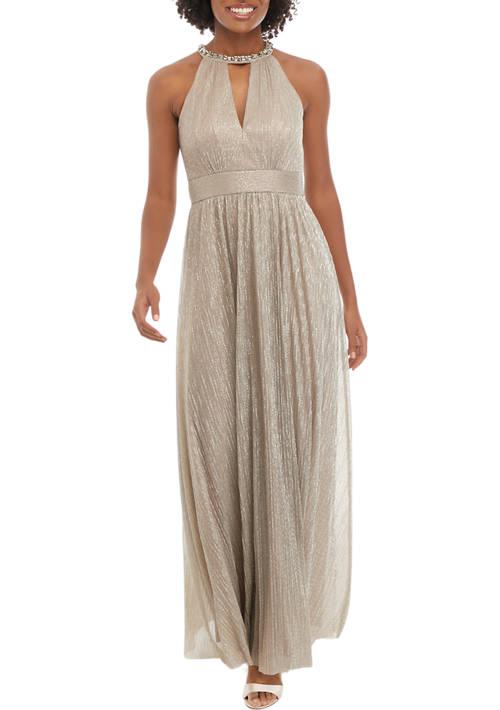 Eliza J J Sleeveless Halter Cutout Foil Gown