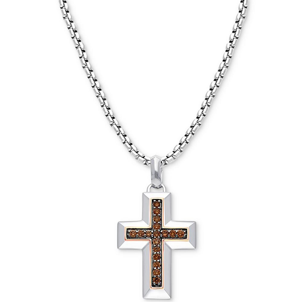 Le Vian Chocolatier® Men's Chocolate Diamond Cross 22" Pendant Necklace (1/3 ct. t.w.) in Sterling Silver & 14k Rose Gold-Plate