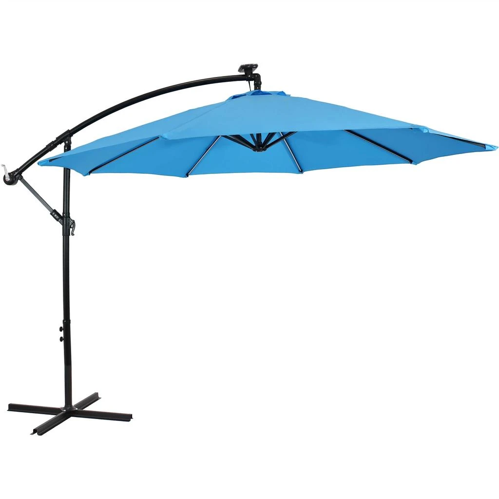 Sunnydaze Outdoor Steel Cantilever Offset Patio Umbrella with Solar LED Lights, Air Vent, Crank, and Base - 9' 10