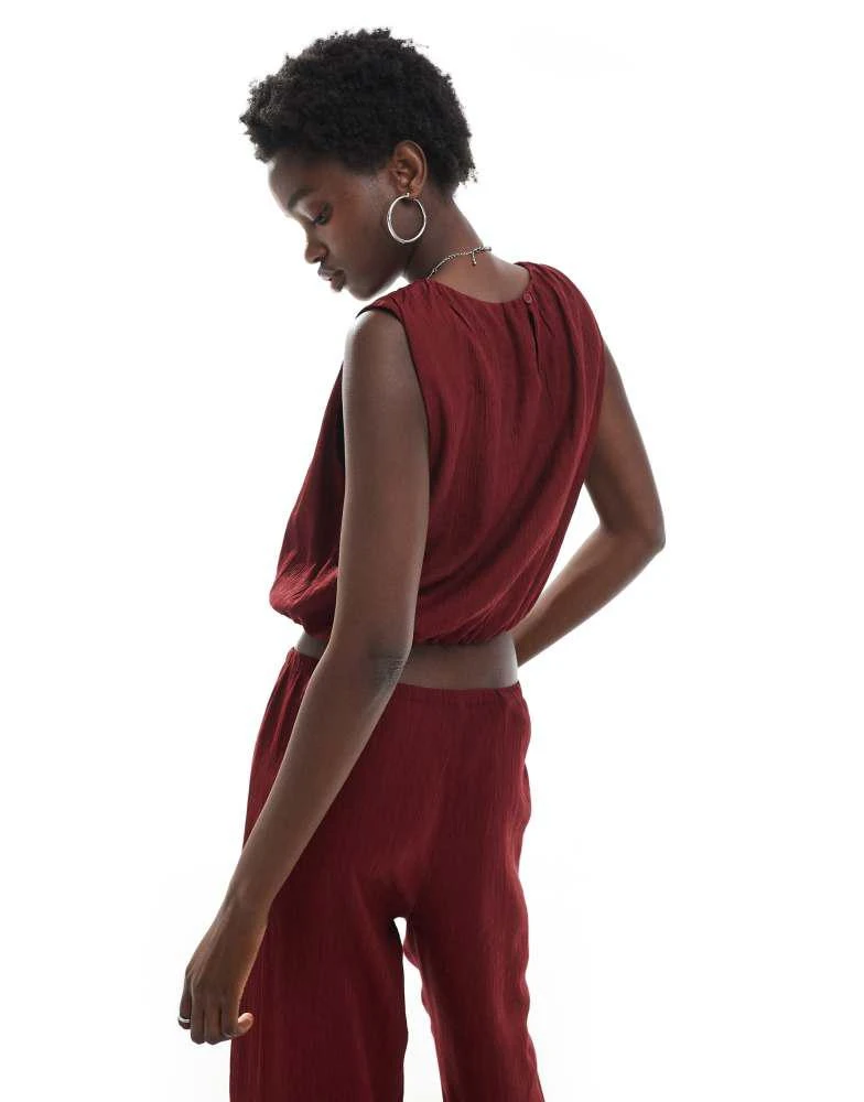 Pull&Bear Pull&Bear textured cropped top co-ord in burgundy 4