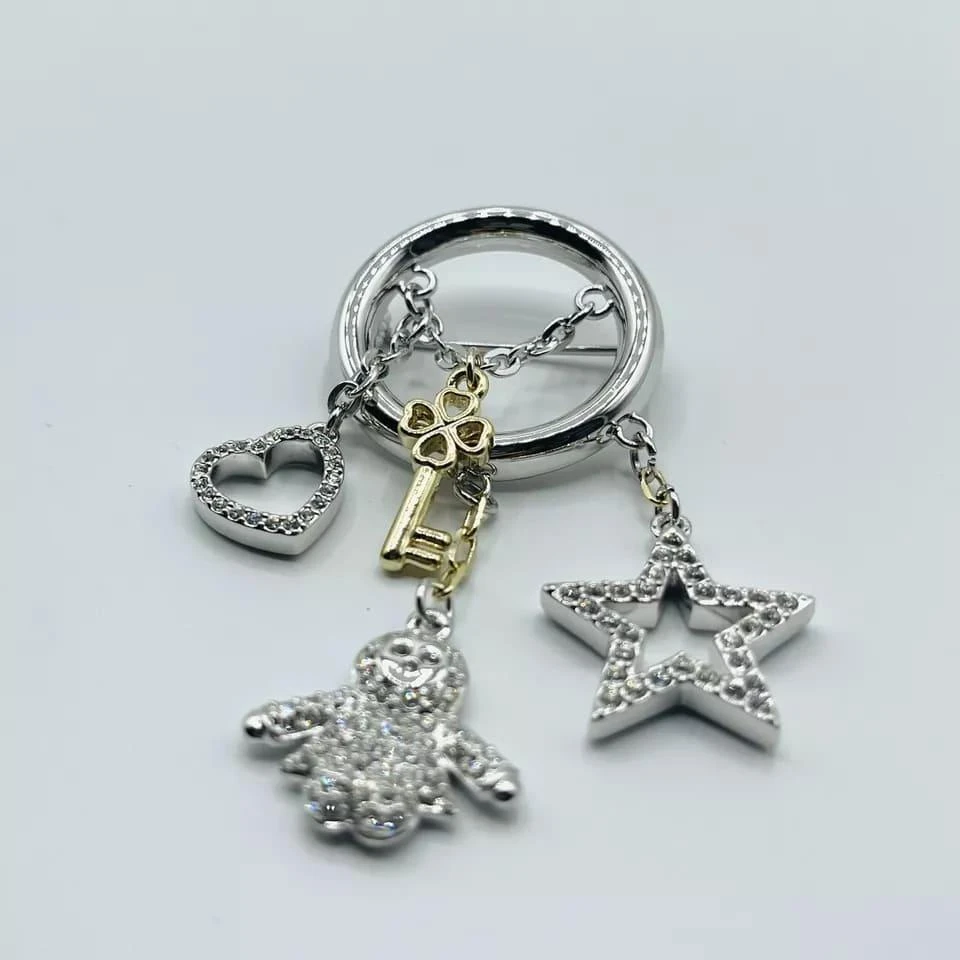 Swarovski Rhodium Key Heart Star and Doll Charms Circle Brooch 2