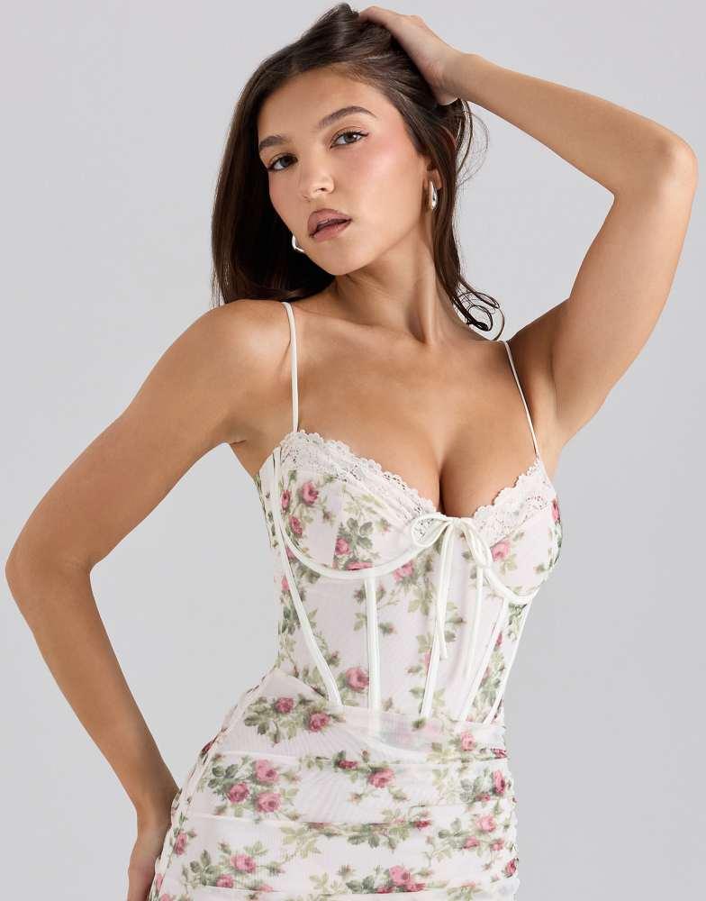 House of CB House of CB Calista print mesh maxi dress in cream rose