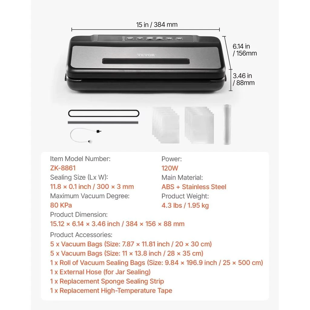 VVOR 120W Electric Vacuum Sealer Machine with 80Kpa Suction Power, 7 Functions, and Complimentary 10 Vacuum Bags for Efficient Kitchen Food Storage - 300x3Mm