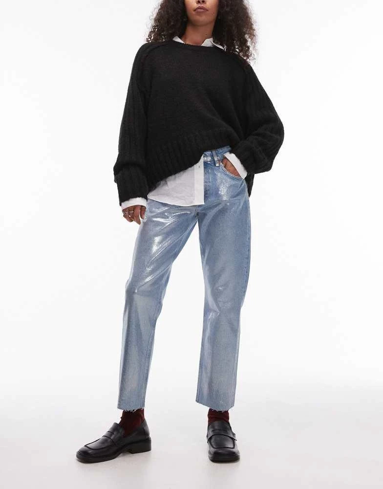 Topshop Topshop mid rise straight cropped silver foil jean in bleach 1