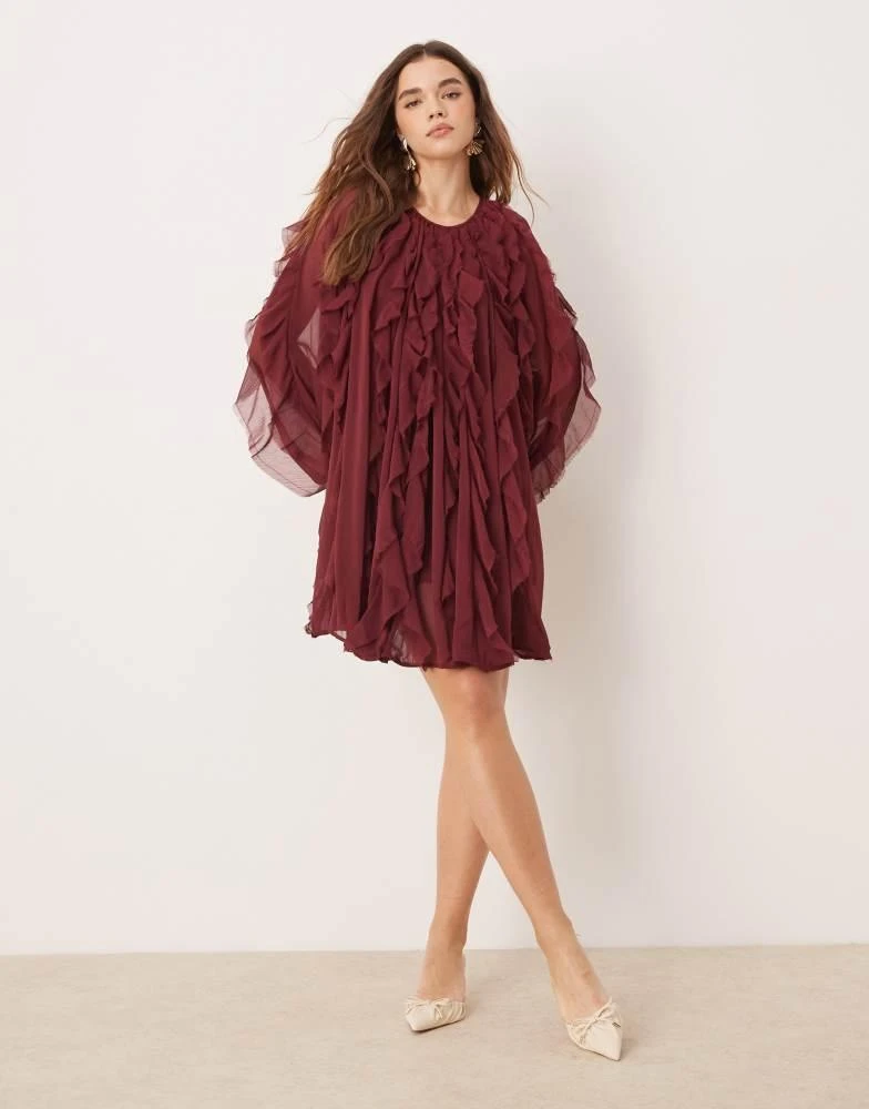 ASOS EDITION raw edge ruffle mini dress with balloon sleeve in burgundy   On Sale Now with Up to 65% Off | Discover Exclusive Deals & Savings at  BeyondStyle  Authentic ASOS