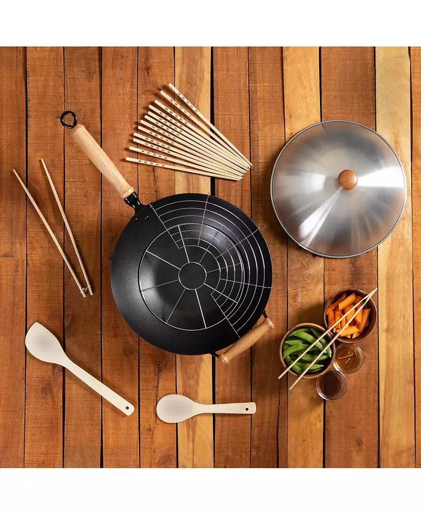 Honey Can Do Professional Series 14" Carbon Steel Nonstick Wok Set with Lid and Maple Handles, 10 Pieces 10