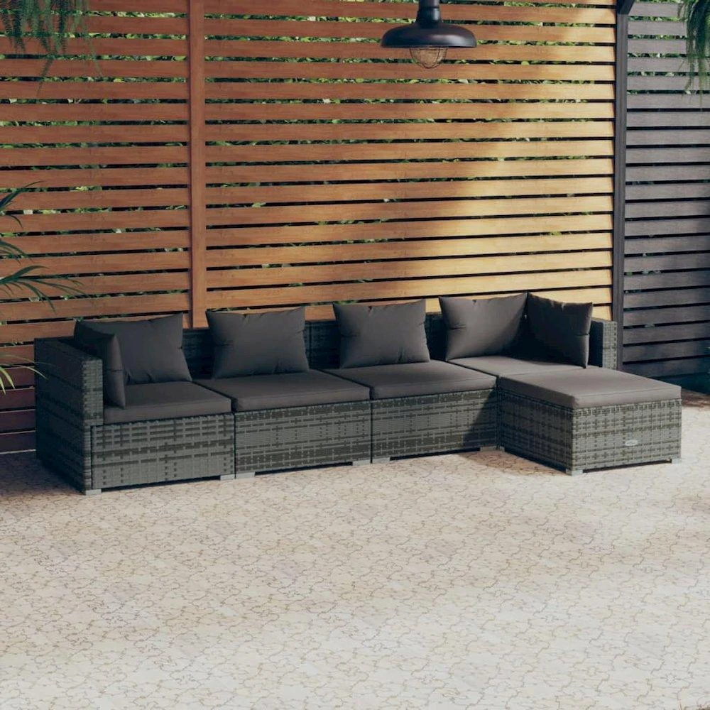 VidaXL 5 Piece Patio Lounge Set with Cushions Poly Rattan Gray