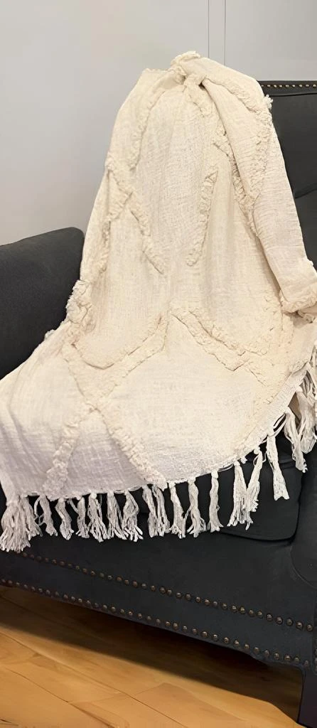 Hivvago 60" X 50" Beige Woven Cotton Geometric Throw Blanket with Fringe 2