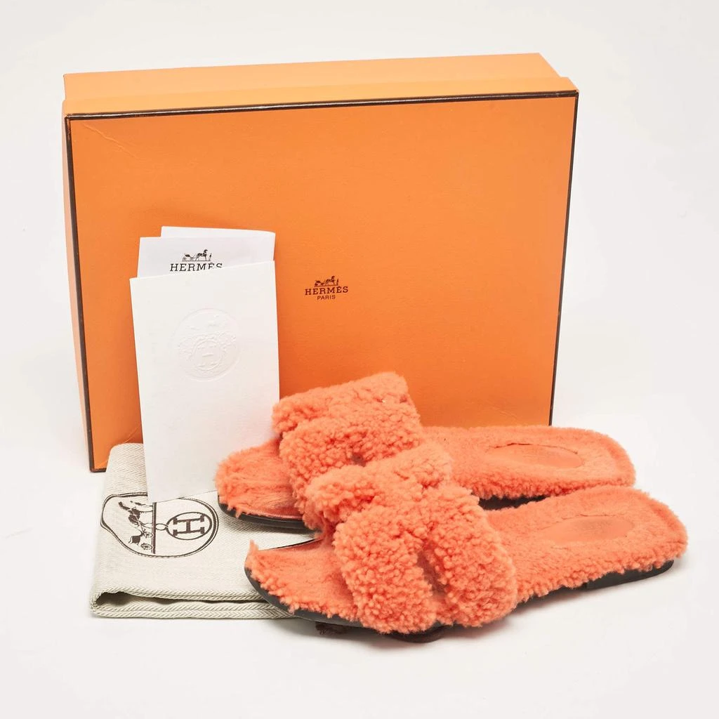 Hermes Hermes Orange Shearling Fur Oran Flat Slides Size 37 10