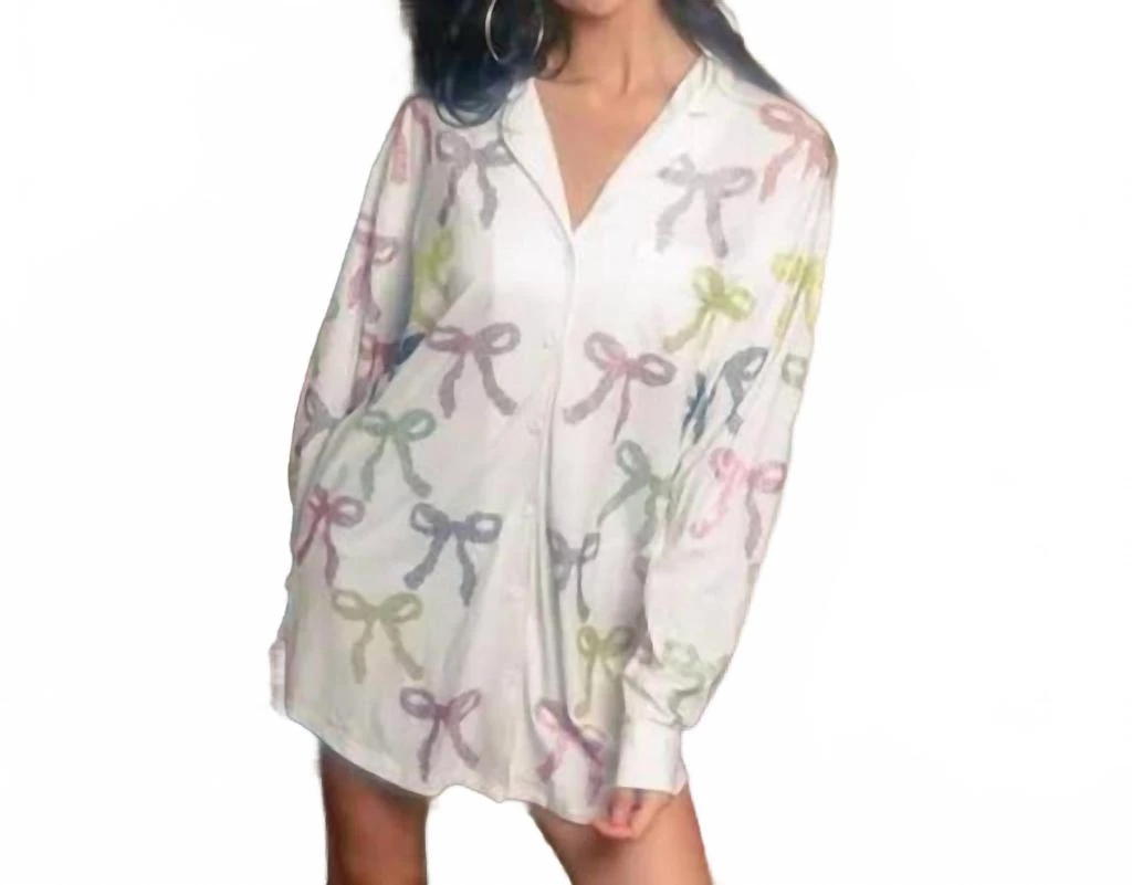 QUEEN OF SPARKLES Multi Rhinestone Rainbow Pajama Dress In White