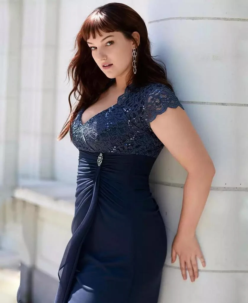 Betsy & Adam Plus Size Sequined-Lace Ruched Gown 2