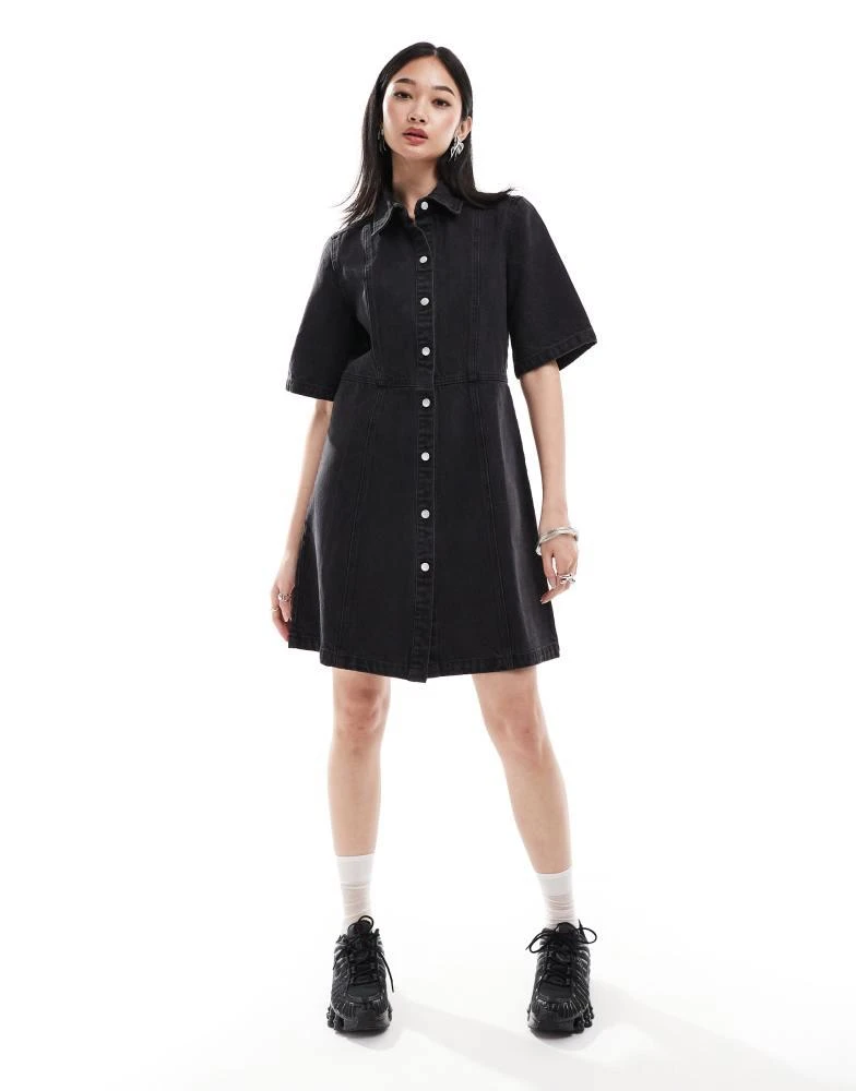 Monki Monki denim mini shirt dress in washed black 4