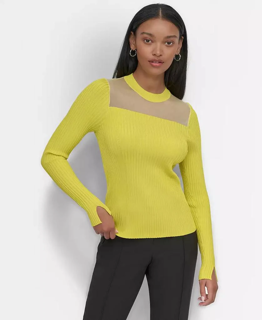DKNY Women's Ribbed Split-Cuff Sheer-Bib Sweater 1