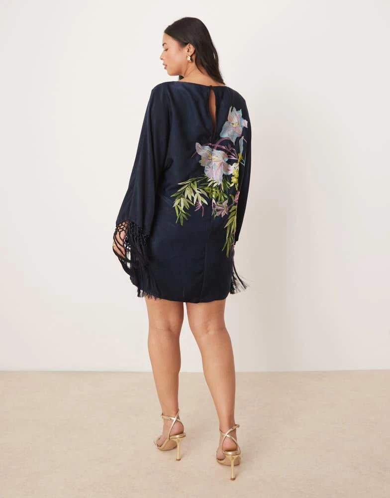 ASOS ASOS DESIGN Curve floral embroidered long sleeve mini dress with  fringing in navy - Dresses & Skirts - Free Shipping - BeyondStyle