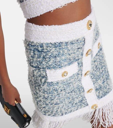 Balmain Fringed denim tweed miniskirt 4