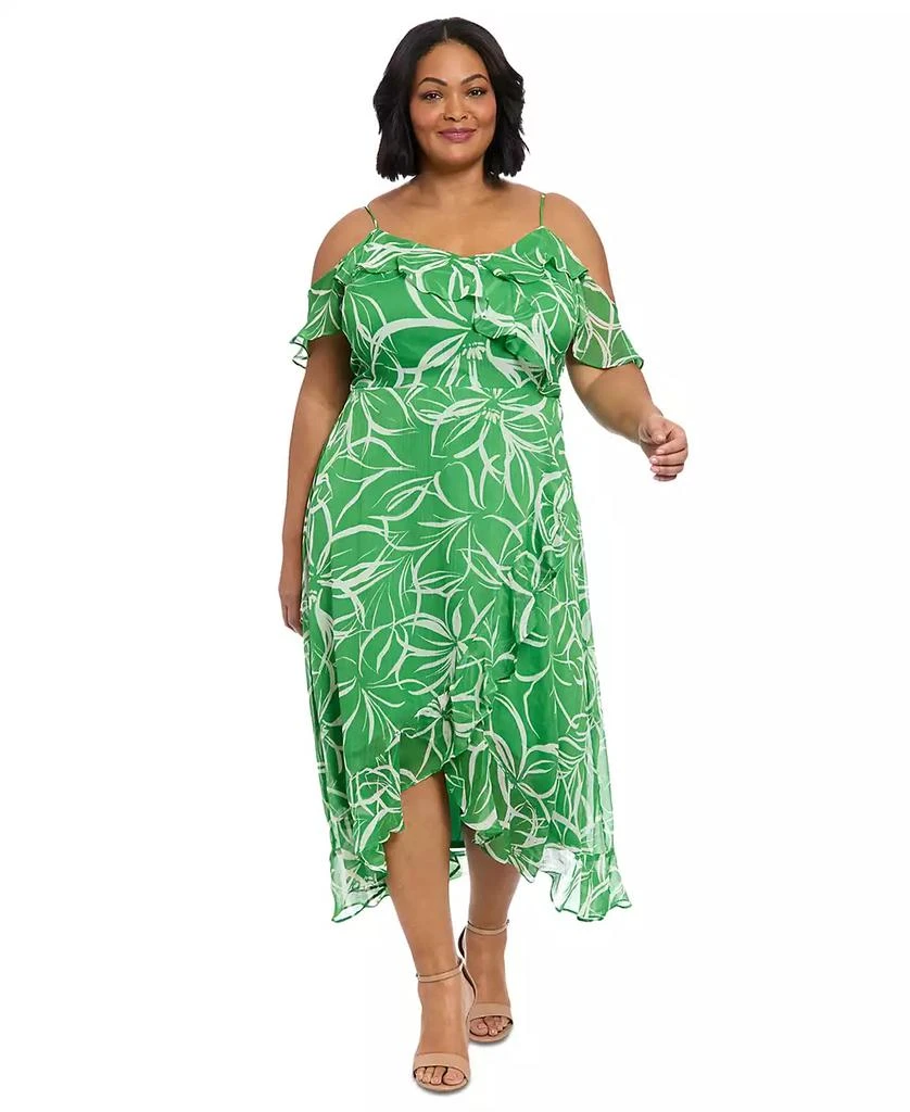 London Times Plus Size Printed Cold-Shoulder Ruffle Dress 4