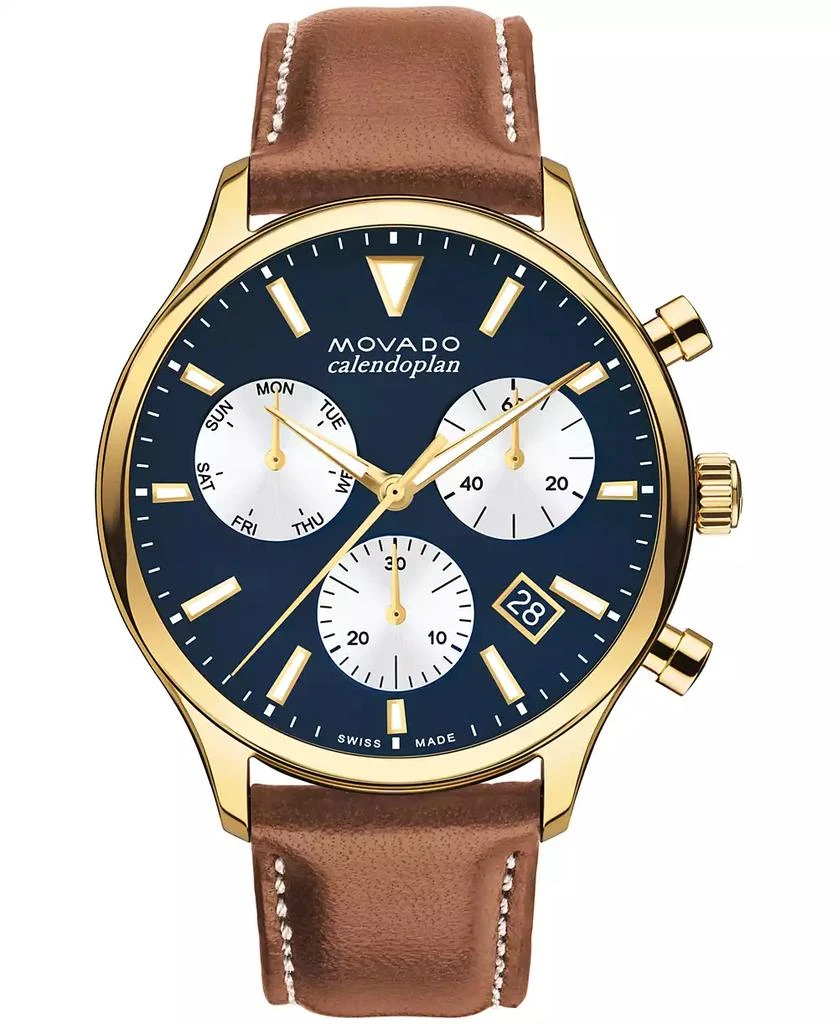Movado Men's Heritage Calendoplan Swiss Quartz Chronograph Cognac Genuine Leather Strap Watch 43mm 1