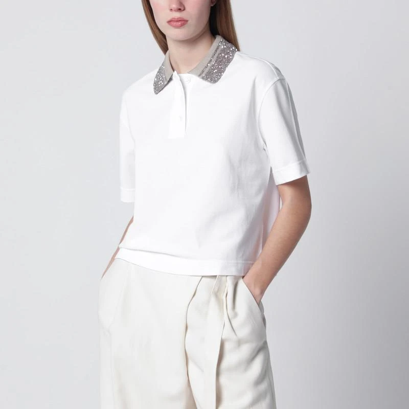 Brunello Cucinelli White polo shirt with Dazzling Knit Collar
