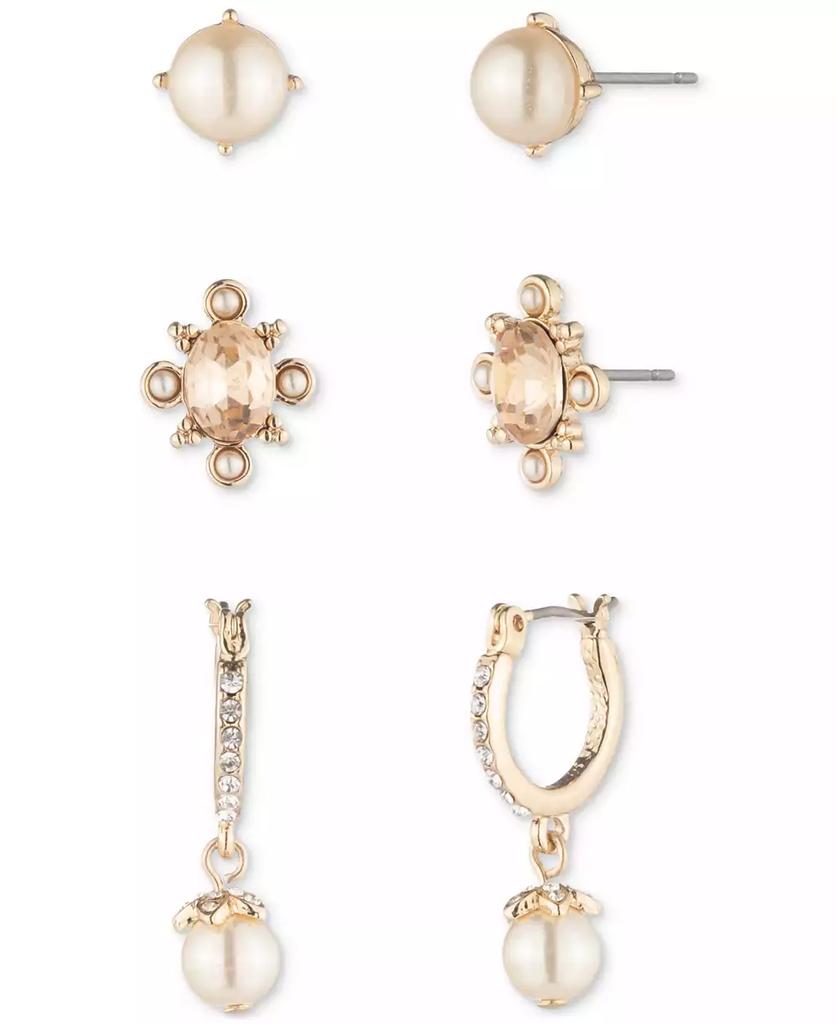 MARCHESA Gold-Tone 3-Pc. Set Crystal & Imitation Pearl Stud & Hoop Earrings