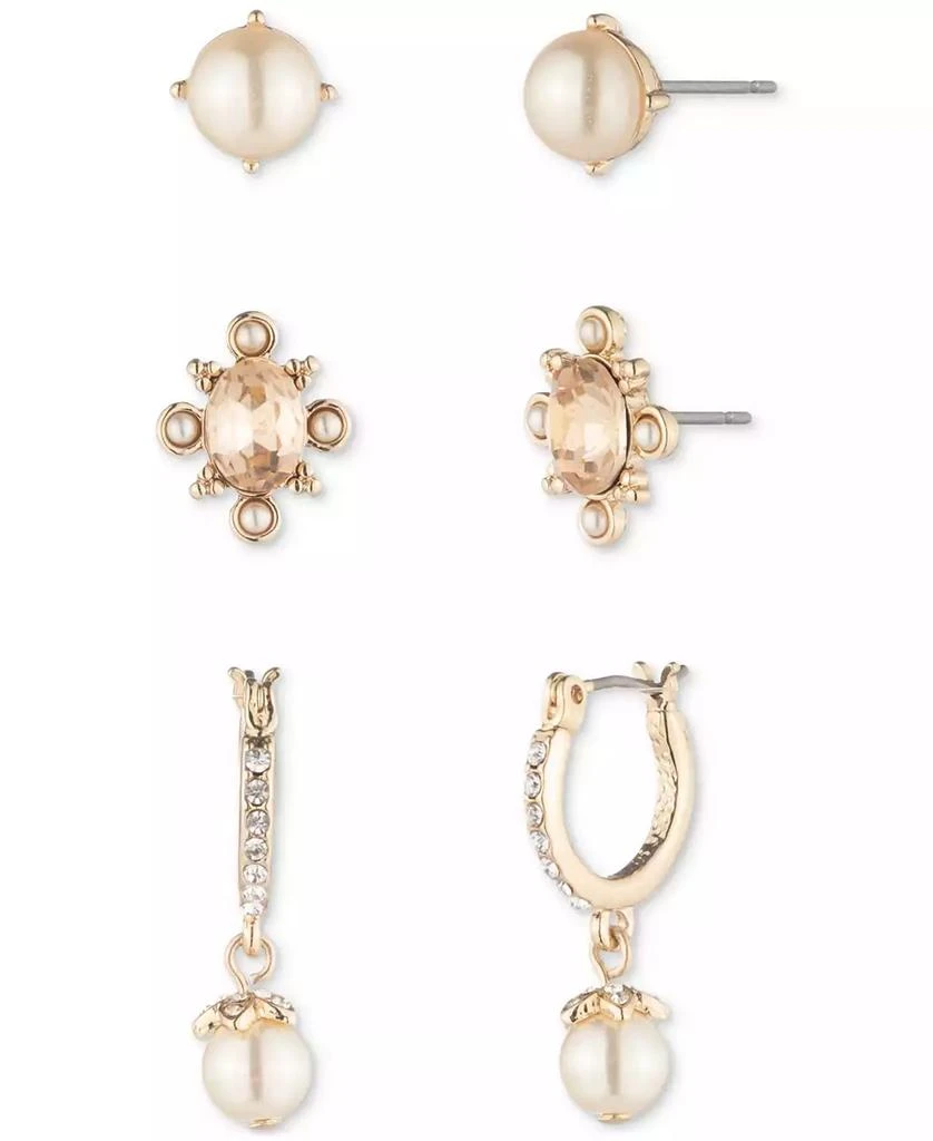 MARCHESA Gold-Tone 3-Pc. Set Crystal & Imitation Pearl Stud & Hoop Earrings 1