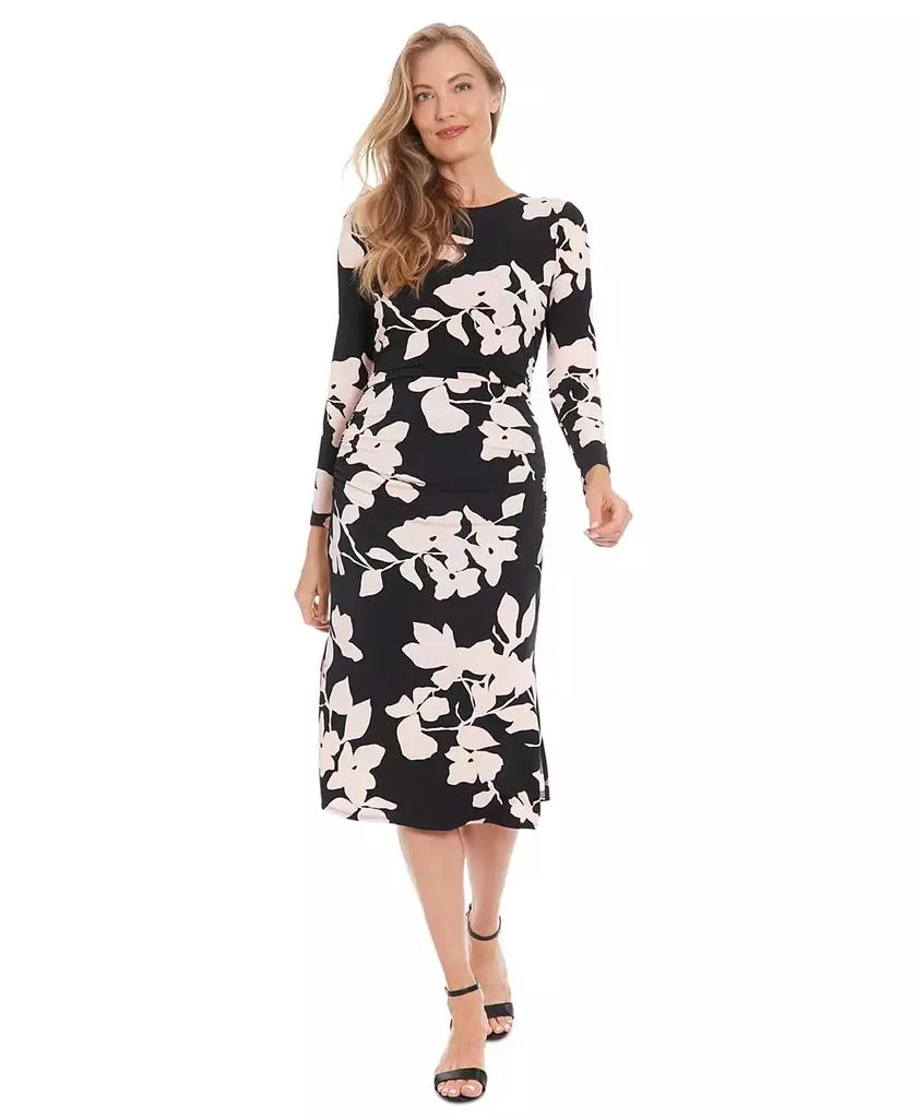 London Times Petite Floral Side-Ruched Long-Sleeve Midi Dress 1