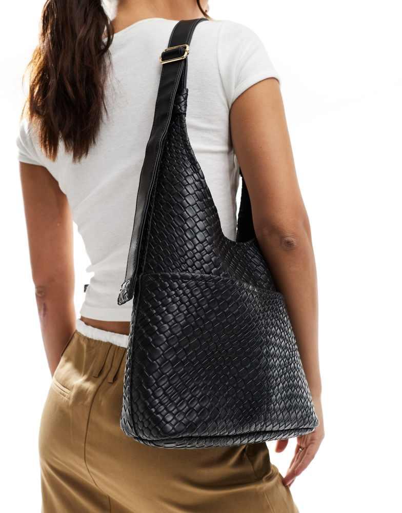 Glamorous Glamorous large woven shoulder bag with pocket detail in black