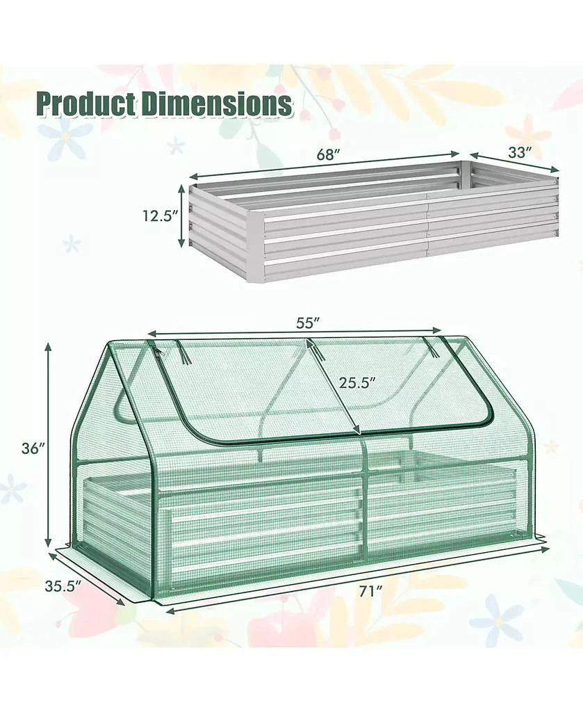 Gymax 71

 x 35.5

 x 36

 Galvanized Steel Raised Garden Bed Metal Planter Box Kit w/ Mini Greenhouse Cover 3