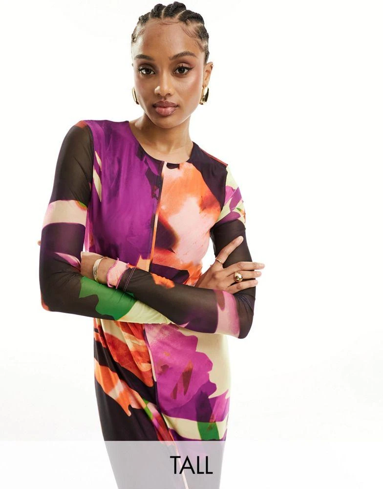 Vero Moda Tall Vero Moda Tall long sleeved lettuce edge mesh dress in abstract print 1