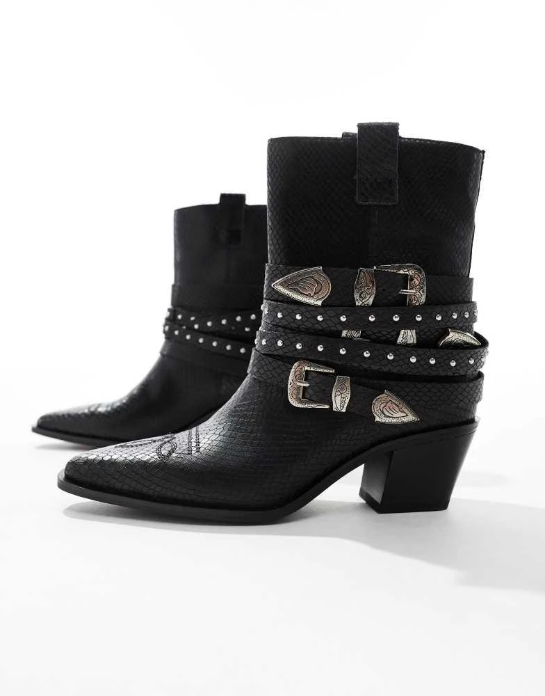 ALDO ALDO Emberlynx studded buckle western boots in black leather croc 4