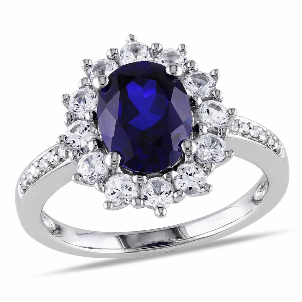 Mimi & Max 4 CT TGW Created Blue and White Sapphire and 0.05 CT TW Diamond Halo Ring in Sterling Silver