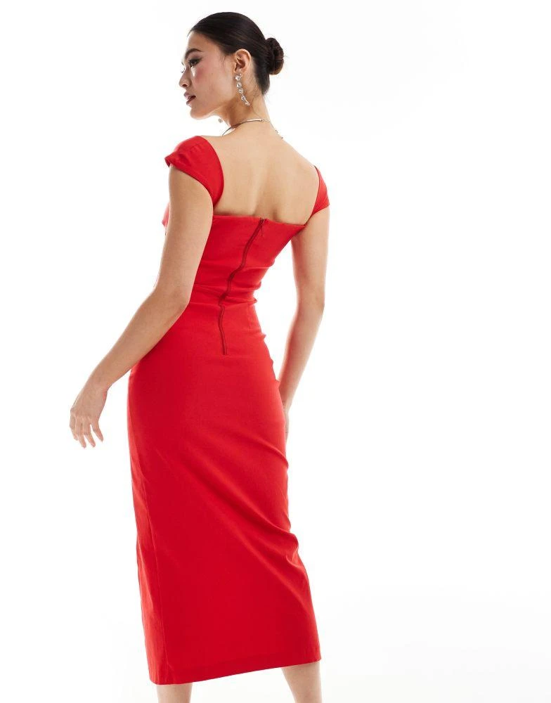 Vesper Vesper bengaline sweetheart neckline cap sleeve midaxi thigh split dress in red 2