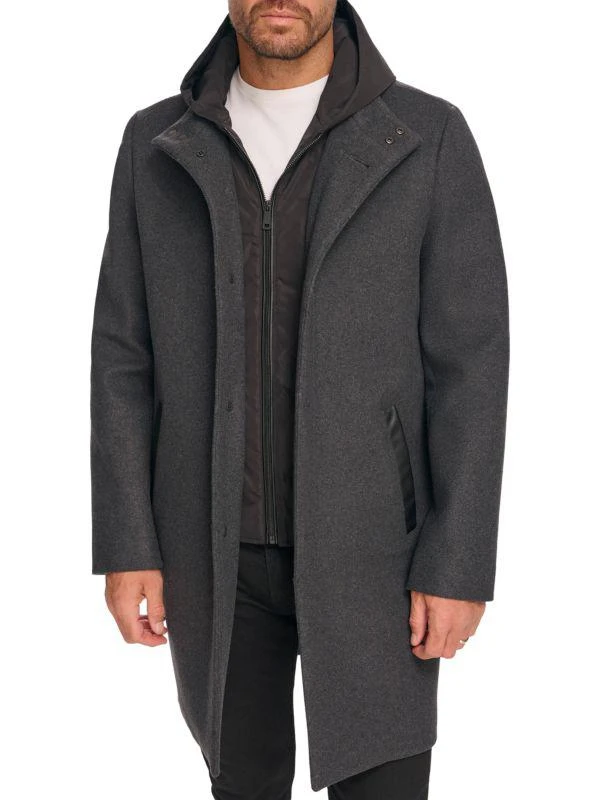 Shop Melton Walker Mixed Media Hooded Bib Overcoat on Sale at