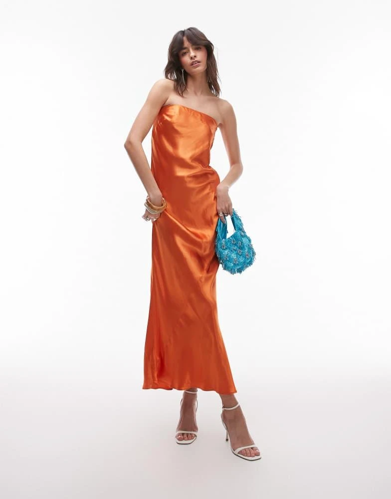 Topshop satin bandeau maxi slip dress in rust-Brown