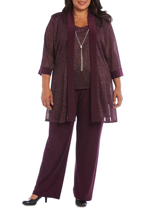 R & M Richards M Richards Plus Size 2 Piece Metallic Knit Round Neck Top And Pants Set