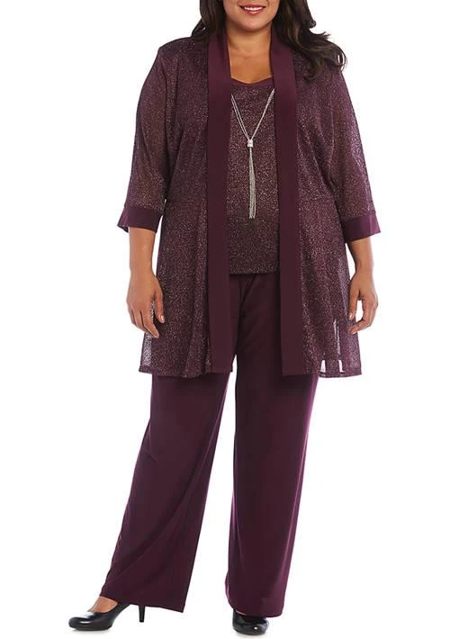 R & M Richards M Richards Plus Size 2 Piece Metallic Knit Round Neck Top And Pants Set 1