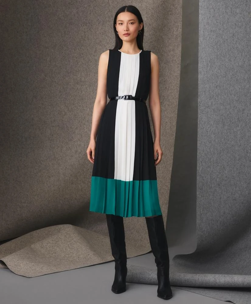 Brooks Brothers Colorblock Pleated Belted Dress in Crepe 2