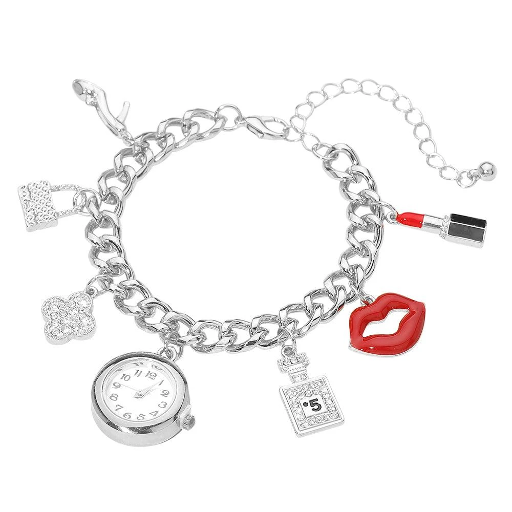 FASHNZFAB Silver Dipped Quatrefoil High Heel Lips Lipstick Charm Watch Bracelet 2