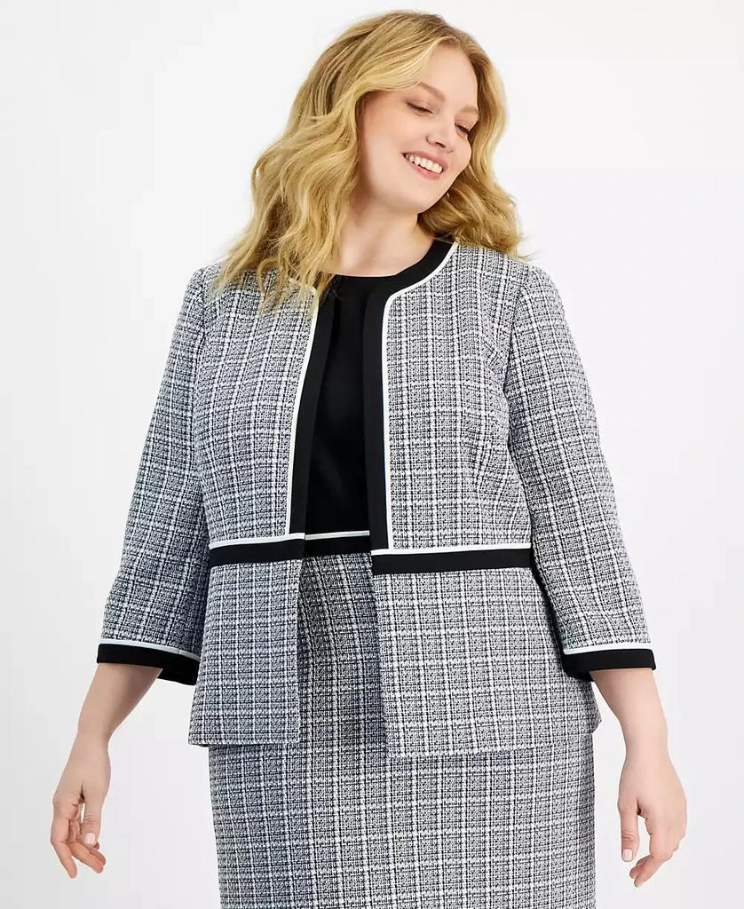 Plus Size Tailored Contrast Trim Tweed Knit Jacket