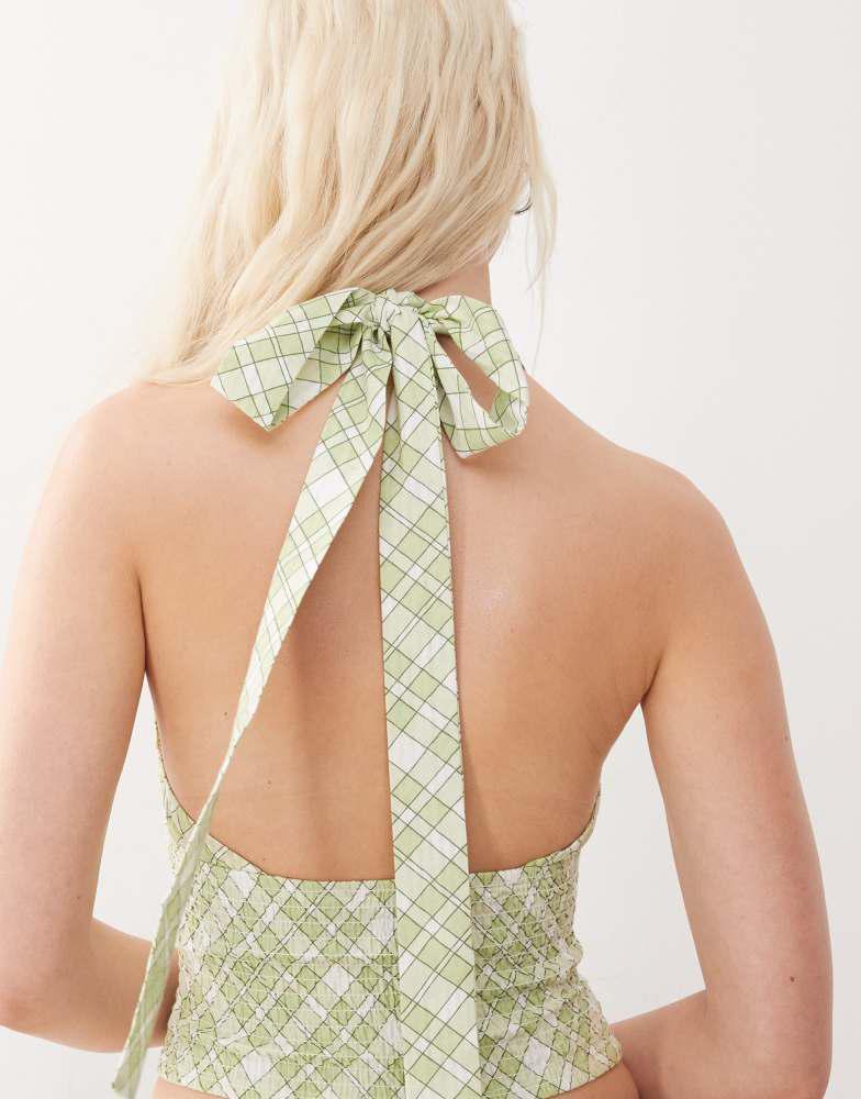 COLLUSION COLLUSION halter shirred top co-ord in green check