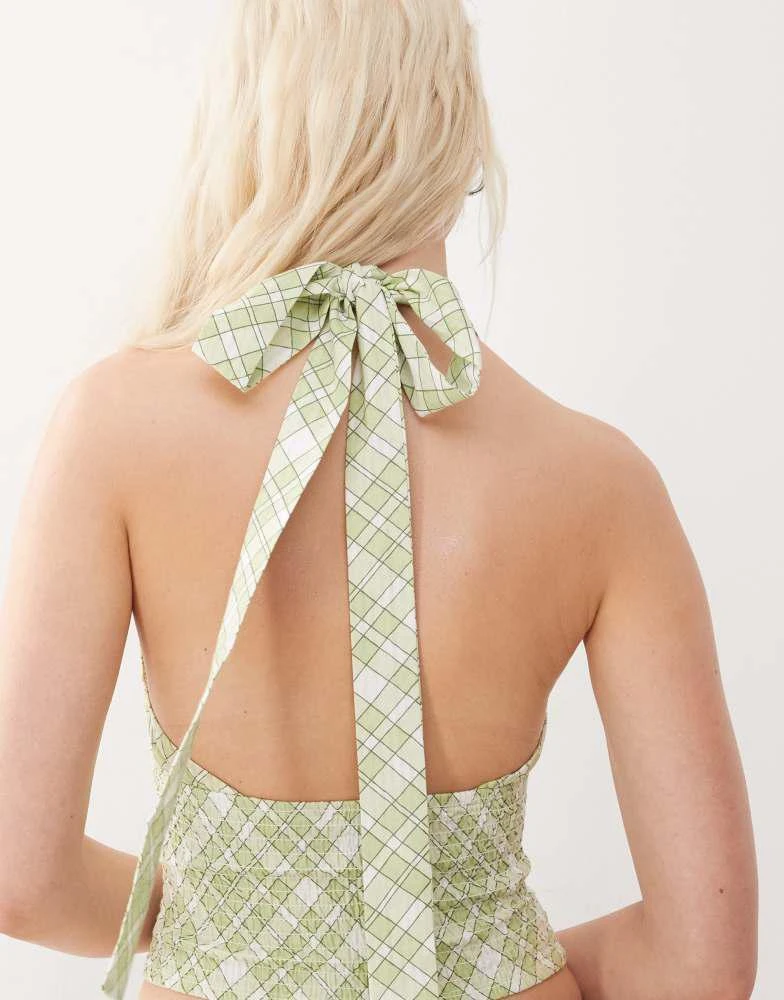 COLLUSION COLLUSION halter shirred top co-ord in green check 2