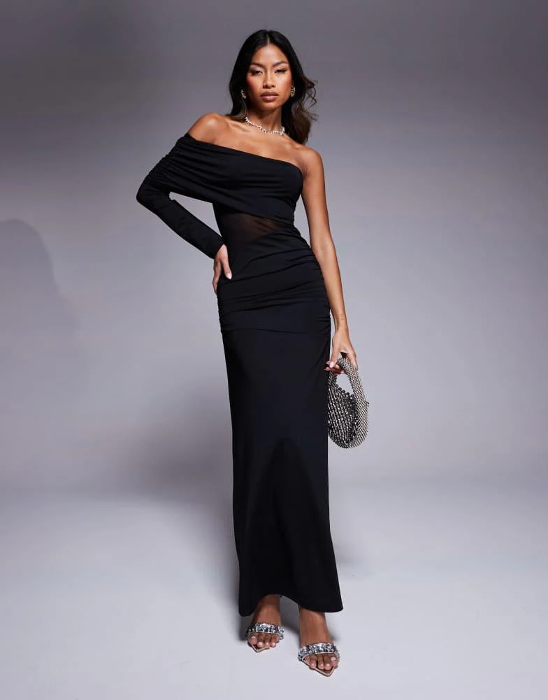 Shop ASOS DESIGN asymmetric one shoulder maxi dress with mesh cut