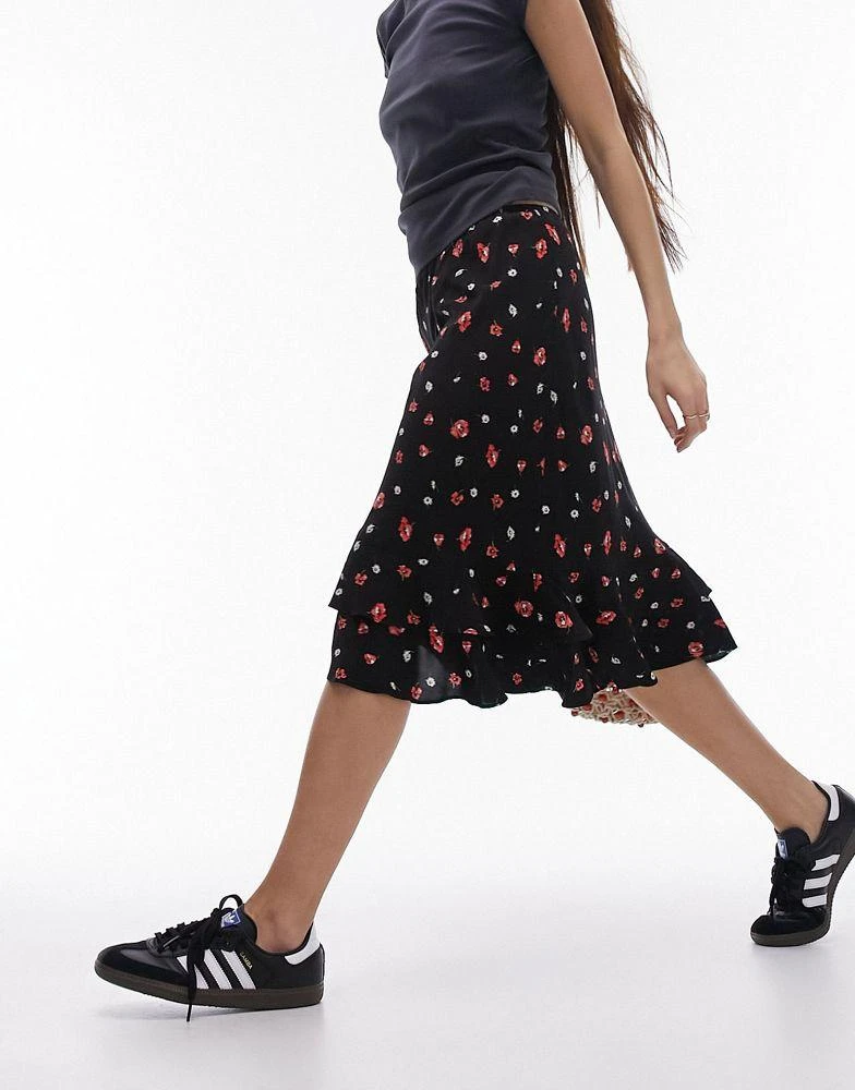Topshop Topshop double ruffle knee length skirt in red and black floral 3
