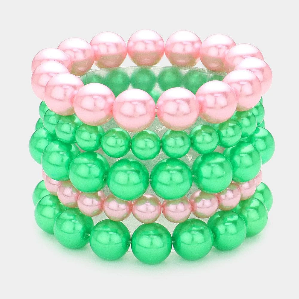 FASHNZFAB 5PCS - Pearl Multi Layered Stretch Bracelets Pink&Green