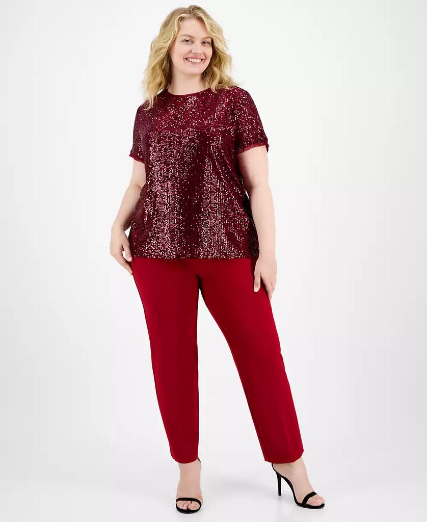 Anne Klein Plus Size Sequined Mesh-Trim Short-Sleeve Top