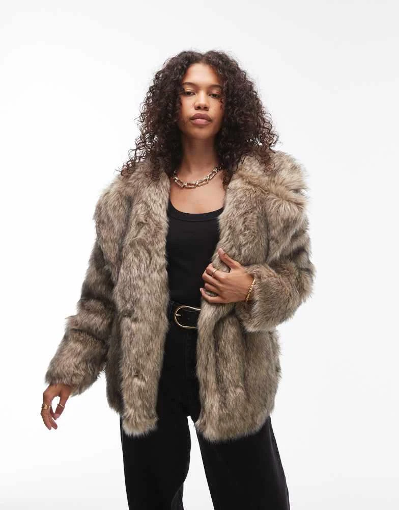 Topshop Topshop faux fur midi coat in light brown 4