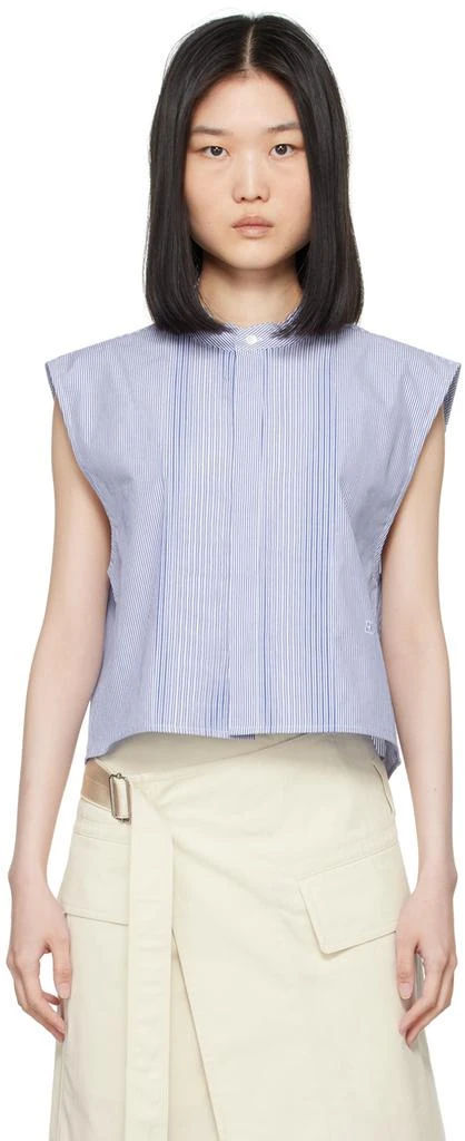 Helmut Lang Blue & White Sleeveless Tuxedo Shirt 1