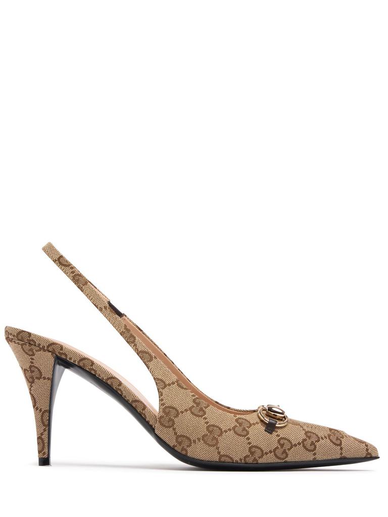 GUCCI 85mm Horsebit Canvas Slingback Pumps