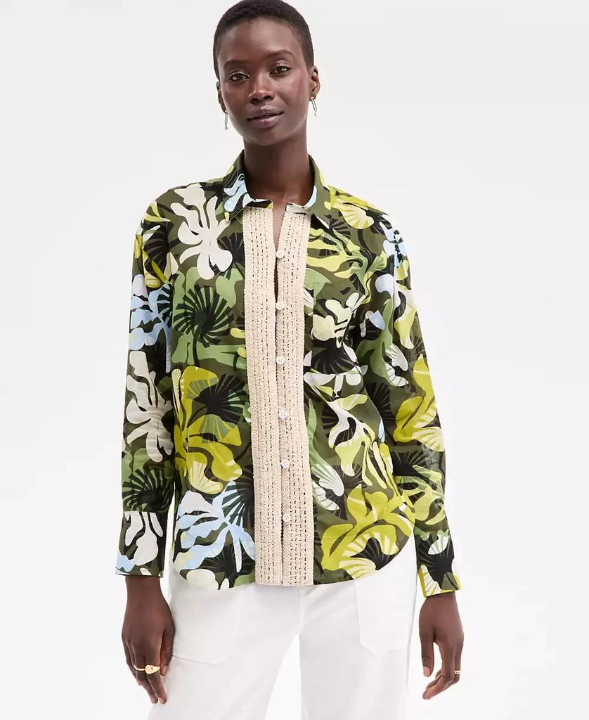 On 34th Women's Leaf-Print Crochet-Trim Shirt, Exclusively at Macy's 1