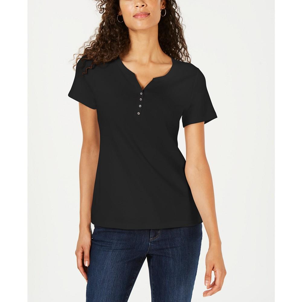 Karen Scott Petite Cotton Henley Top, Created for Macy's